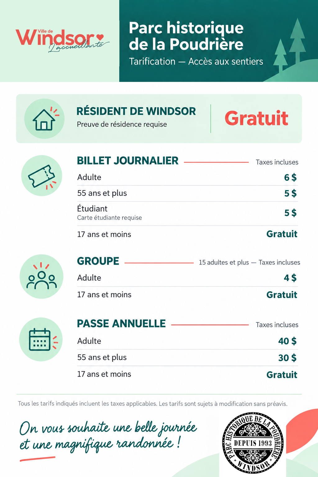 Tarification sentiers Poudrière 2026
